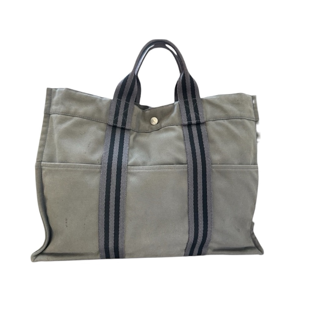 Hermes Gray Canvas Briefcase with Black Stripes